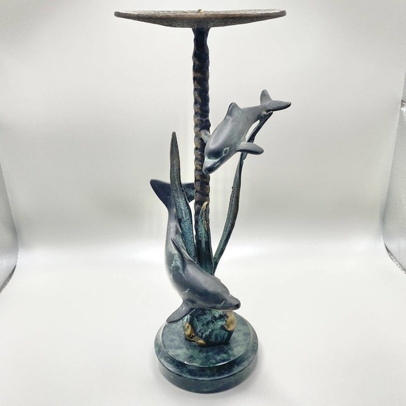Vintage SPI Gallery San Pacific Bronze Patina Candle Holder Dolphins Sculpture - Picture 1 of 4